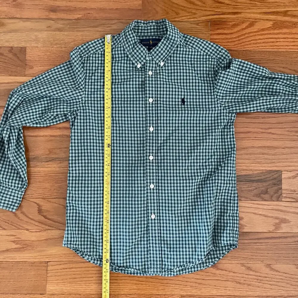 Ralph Lauren Boys Large 14/16 Green Blue Gingham Button Down Shirt Sleeve